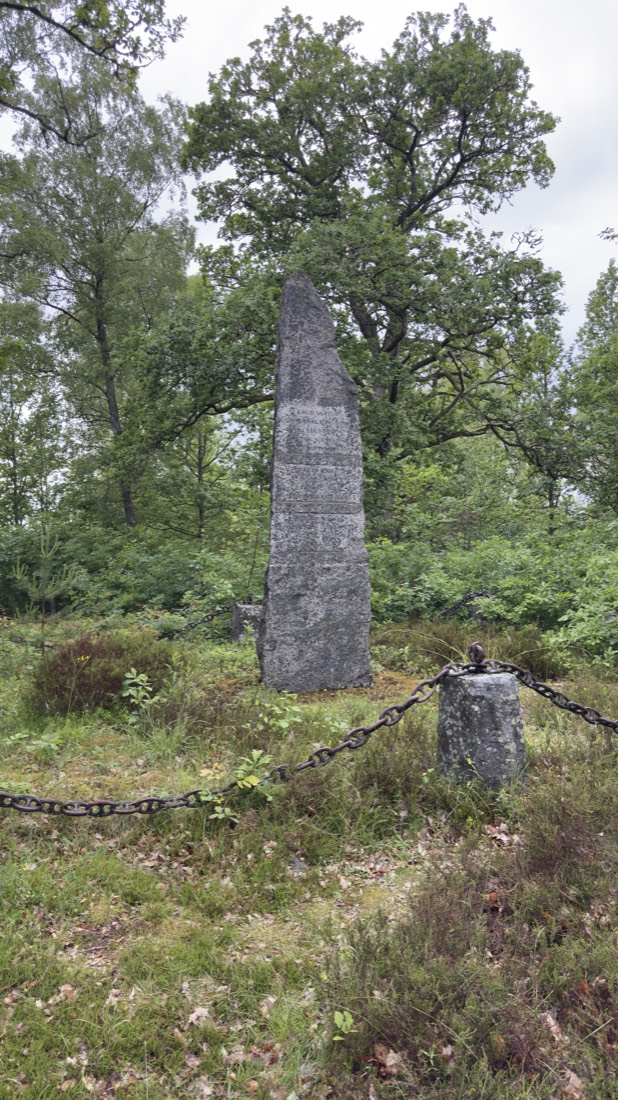 Tall memorial stone of the 1657 Battle of Sibbarp in the woods near Osby, with inscription