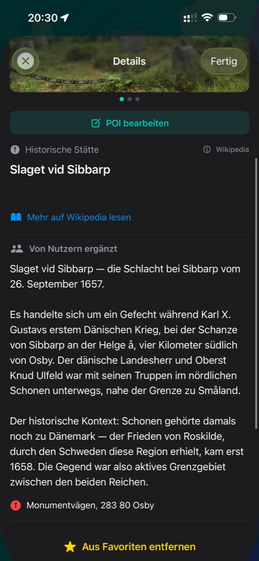 PrimeMap app: detail view of the historic site Slaget vid Sibbarp