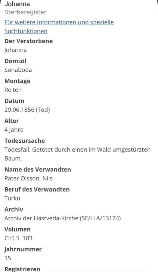Skärmbild av den digitaliserade dödboken för Hästveda församling med posten om Johanna 1856