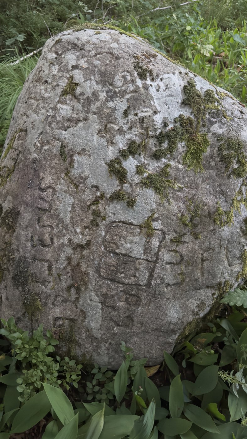 Boulder with the carved word JESUS and a tablet-like motif, partly overgrown with moss