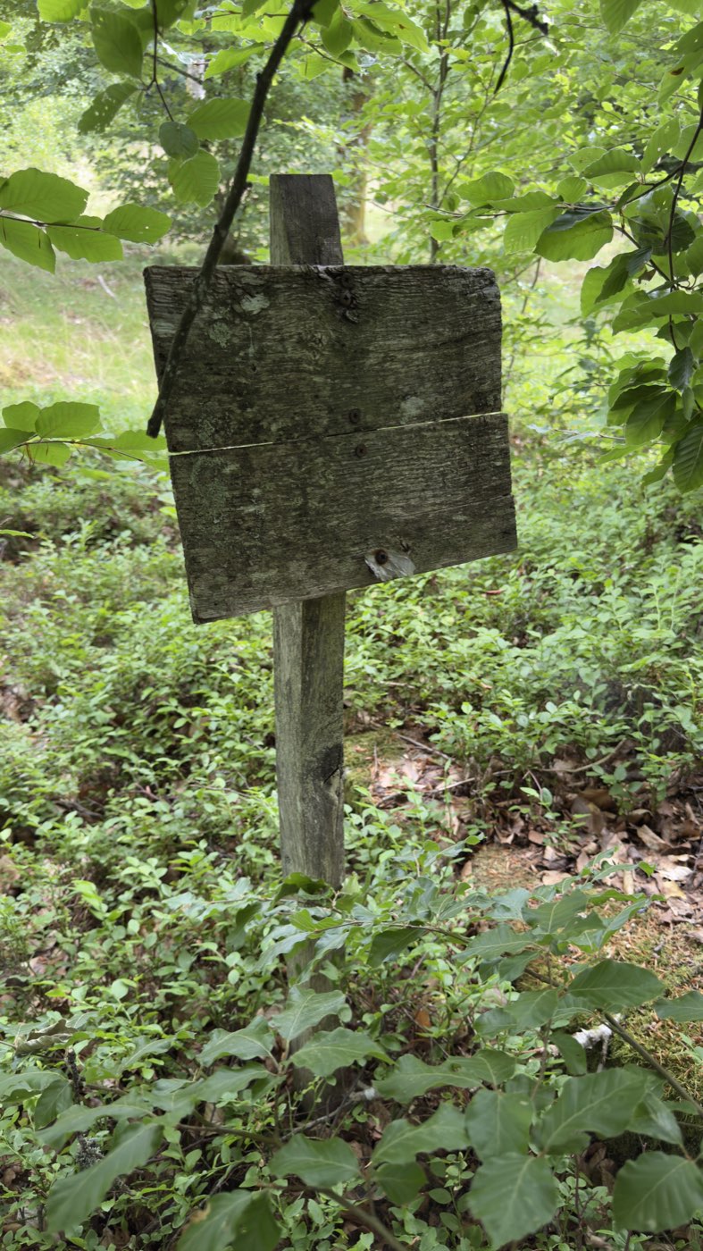 Helt väderbiten, oläslig träskylt på en stolpe bredvid korset