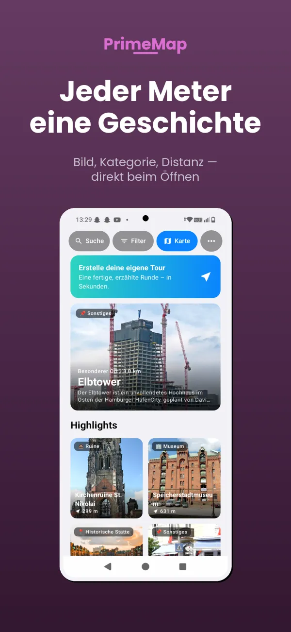 PrimeMap Android – Erstelle deine eigene Tour: Startbildschirm mit Tour-Button