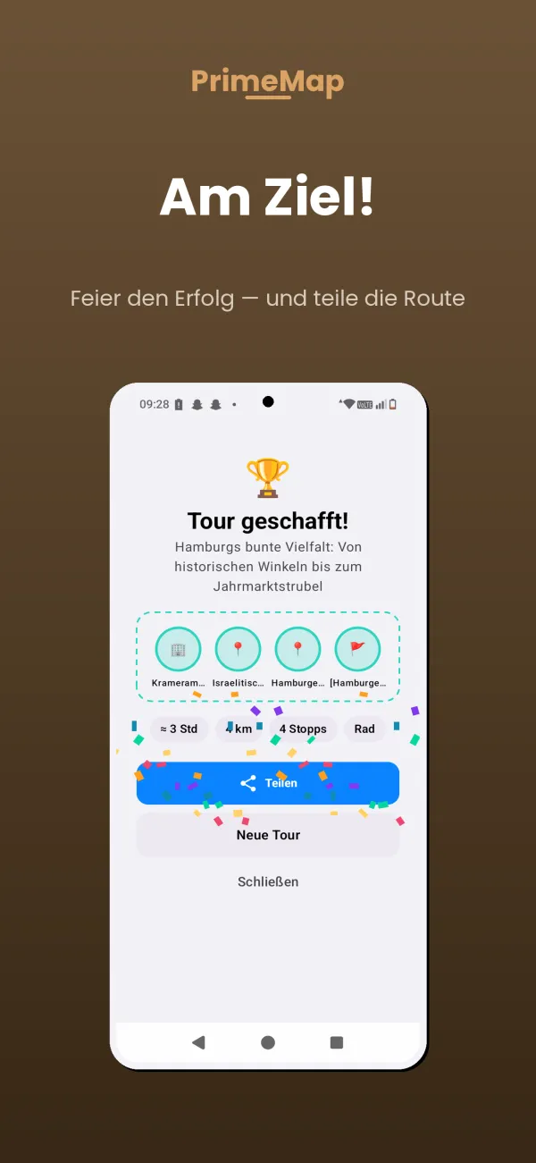 PrimeMap Android – Tour geschafft: Stempelkarte und Route teilen