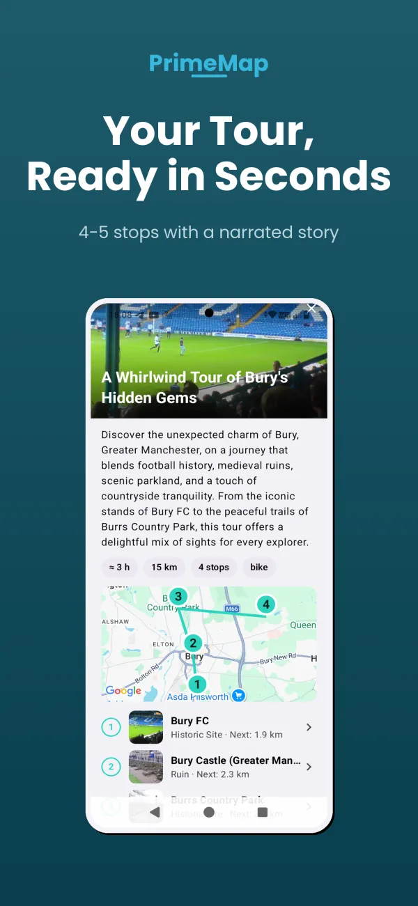 PrimeMap Android – Ready-made tour with stops, map and time estimate