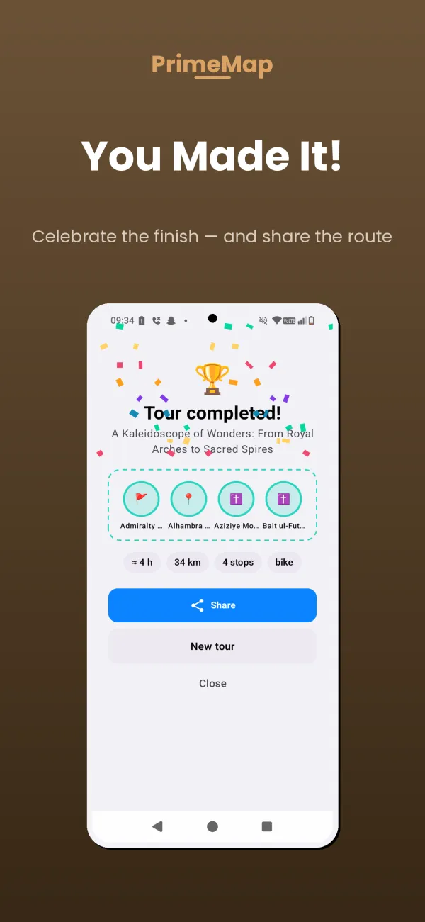 PrimeMap Android – Tour completed: stamp card and share the route