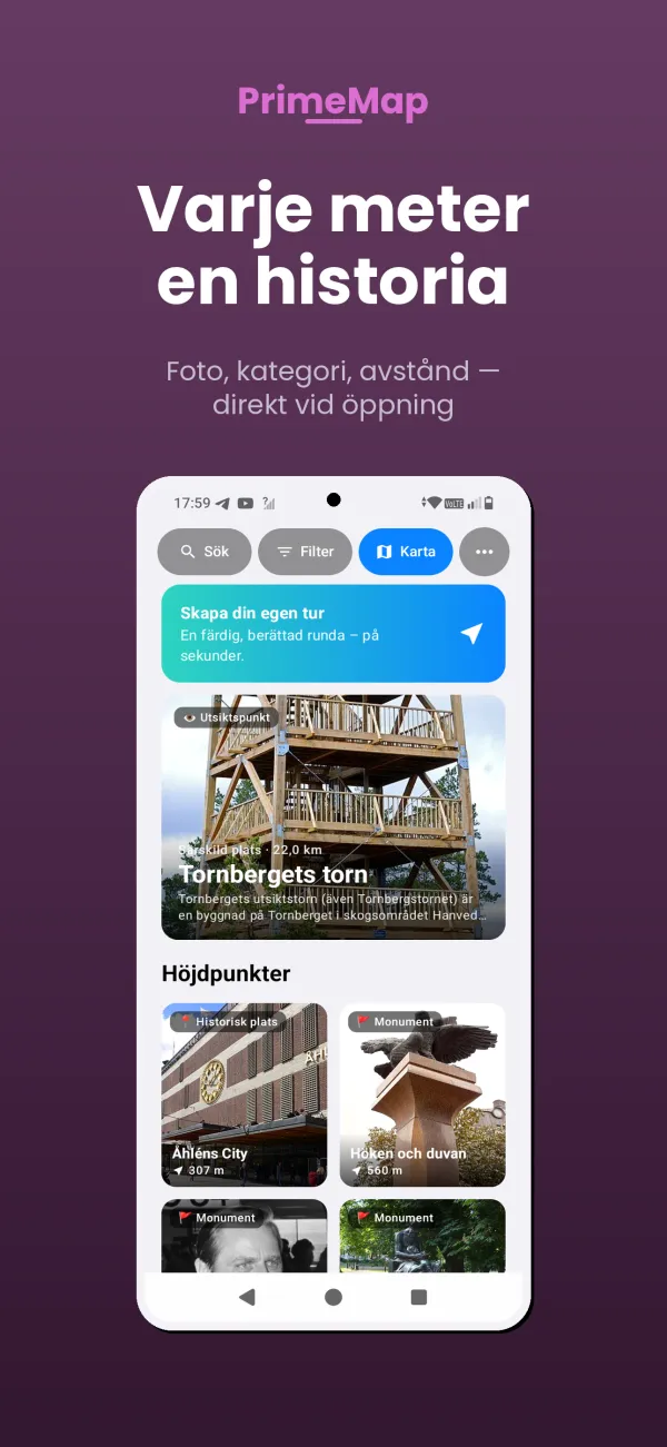 PrimeMap Android – Skapa din egen tur: startskärm med turknapp
