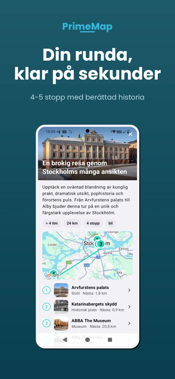 PrimeMap Android – Färdig tur med stopp, karta och tidsuppskattning