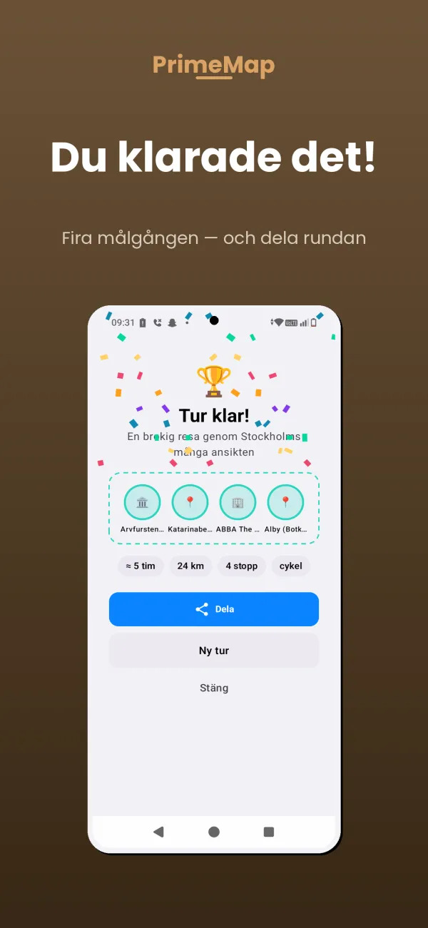PrimeMap Android – Tur avklarad: stämpelkort och dela rutten