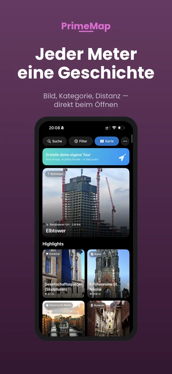 PrimeMap – Erstelle deine eigene Tour: Startbildschirm mit Tour-Button