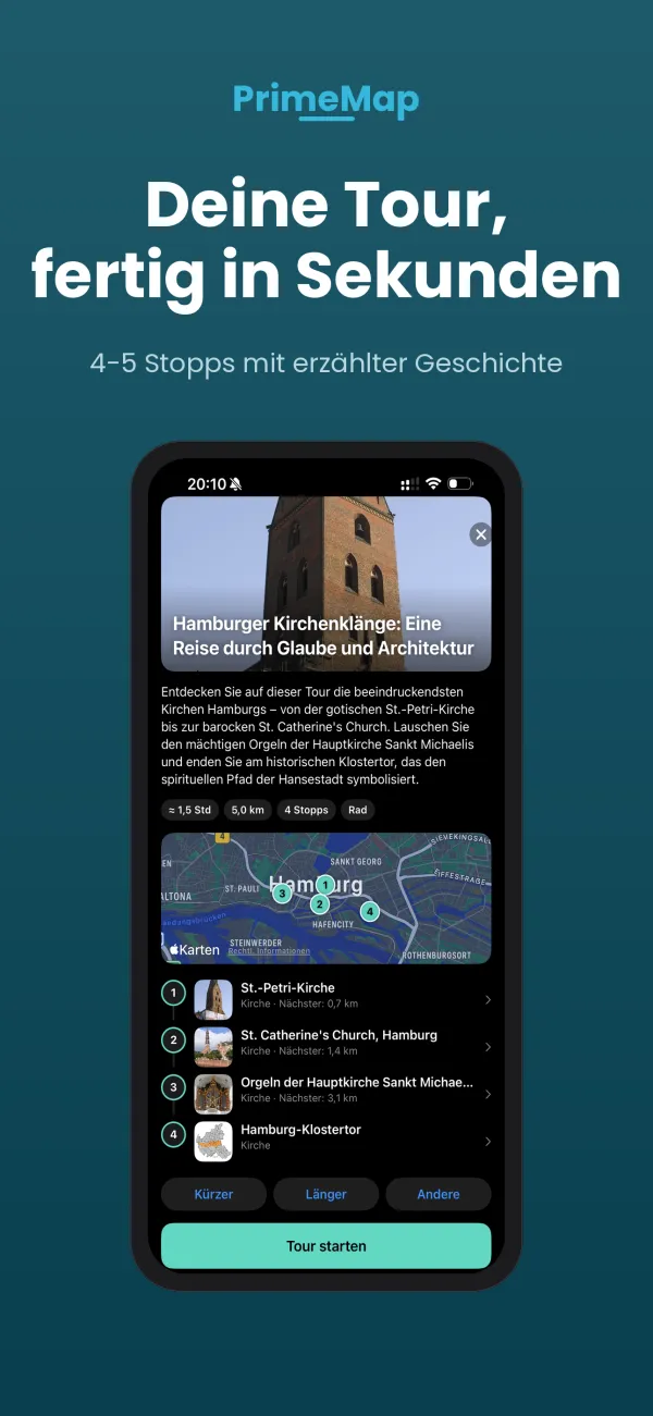 PrimeMap – Fertige Tour mit 4 Stopps, Karte und Zeit-Schätzung