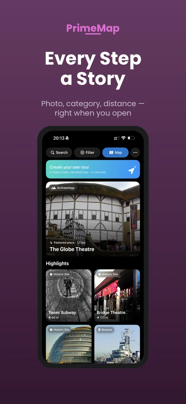 PrimeMap – Create your own tour: home screen with tour button